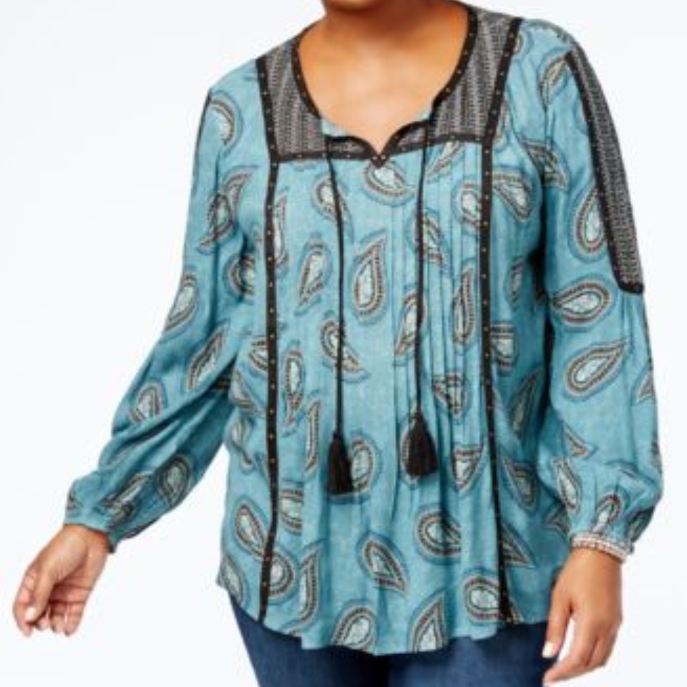 Style & Co Teal Blue Paisley Pintucked Peasant Top